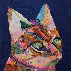 Scrappy Collage Cat fabric art