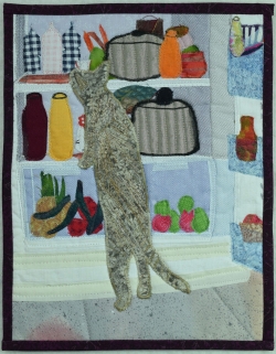 Cat in Fridge fabric art
